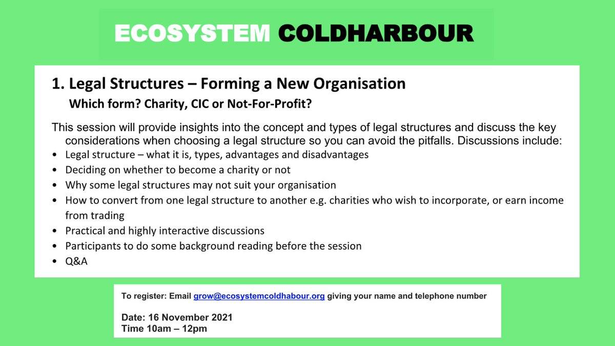 Big Local Impact (@biglocalimpact1) on Twitter photo Tomorrow morning brings the next Ecosystem Coldharbour workshop, looking at legal structures when forming a new organisation.
10:00 AM - 12PM
Email grow@ecosystemcoldhabour.org before registering 👇
#Legal #Charity #Training
us02web.zoom.us/j/81623630953?… Tomorrow morning brings the next Ecosystem Coldharbour workshop, looking at legal structures when forming a new organisation.
10:00 AM - 12PM
Email grow@ecosystemcoldhabour.org before registering 👇
#Legal #Charity #Training
us02web.zoom.us/j/81623630953?…
