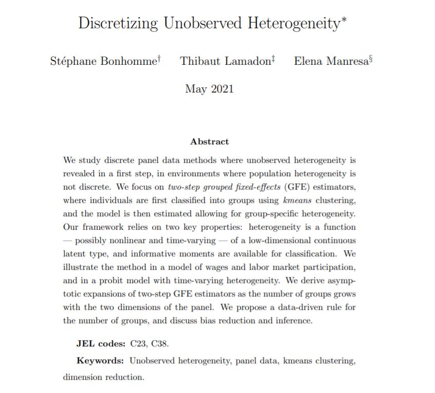 We show how and when grouping individuals in a first step, and estimating the model given the groups in a second step, provides consistent estimators even when unobserved heterogeneity is continuous. Check bit.ly/gfe-2021  econometricsociety.org/publications/e…