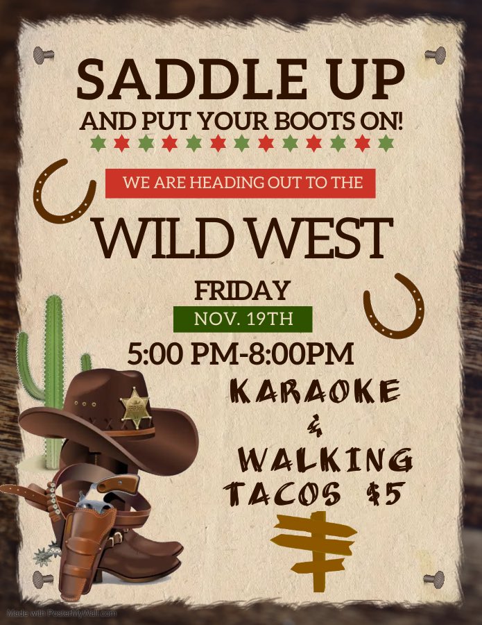 Join us for our Wild West Fall Social this Friday, November 19th, from 5pm-8pm. The entrance fee is a non-perishable food item that will be donated to a local food bank 🤠