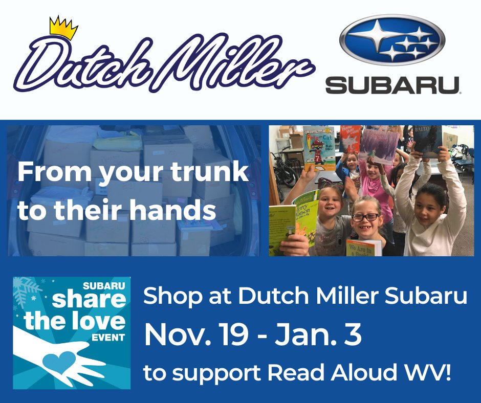 Read Aloud was chosen as a Hometown Charity for <a href="/subaru_usa/">Subaru</a>'s annual Share the Love Event! Shop or lease a new Subaru at Dutch Miller Subaru Nov 18 - Jan 3 and designate Read Aloud as your chosen charity to receive a donation. Service visits of $5+ count too! <a href="/dutchmillerauto/">Dutch Miller Auto</a>