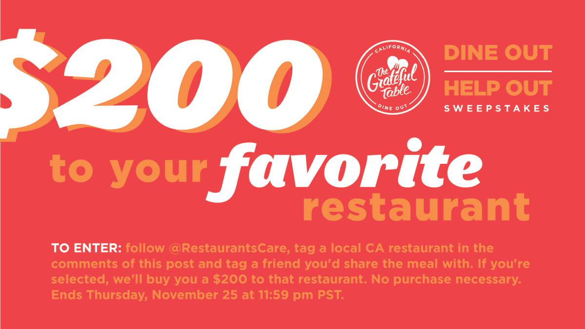 RestaurantsCare's tweet photo. Want $200 to your favorite CA restaurant? Enter week 3β£ of the Grateful Table giveaway! Here's how to enter:
β€οΈfollow us
π΄tag a CA restaurant
π―ββοΈ tag a friend
ποΈenter by Thursday!
#gratefultable #dineouthelpout https://t.co/86VEe2Oey6