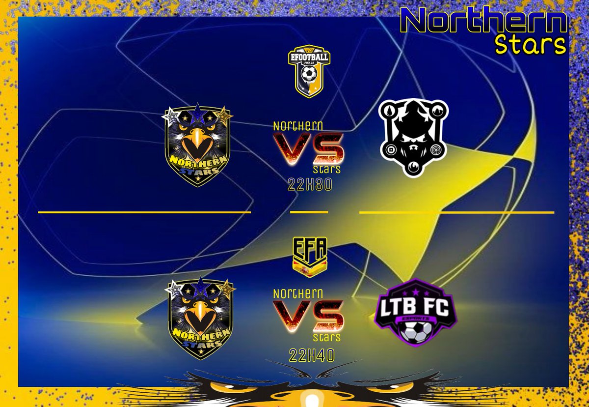 ⚽MATCH DAY⚽
🆚 <a href="/FiveElementsGG/">FIVE ELEMENTS™ 🎅🏻</a> en @PLGeFootBall . 
🆚 <a href="/ltbfc_esports/">🤍 LTB FC eSports 💜</a> en @efaPSNspain . 
¡Mucha suerte a los rivales y come on Northern Stars!💛🖤