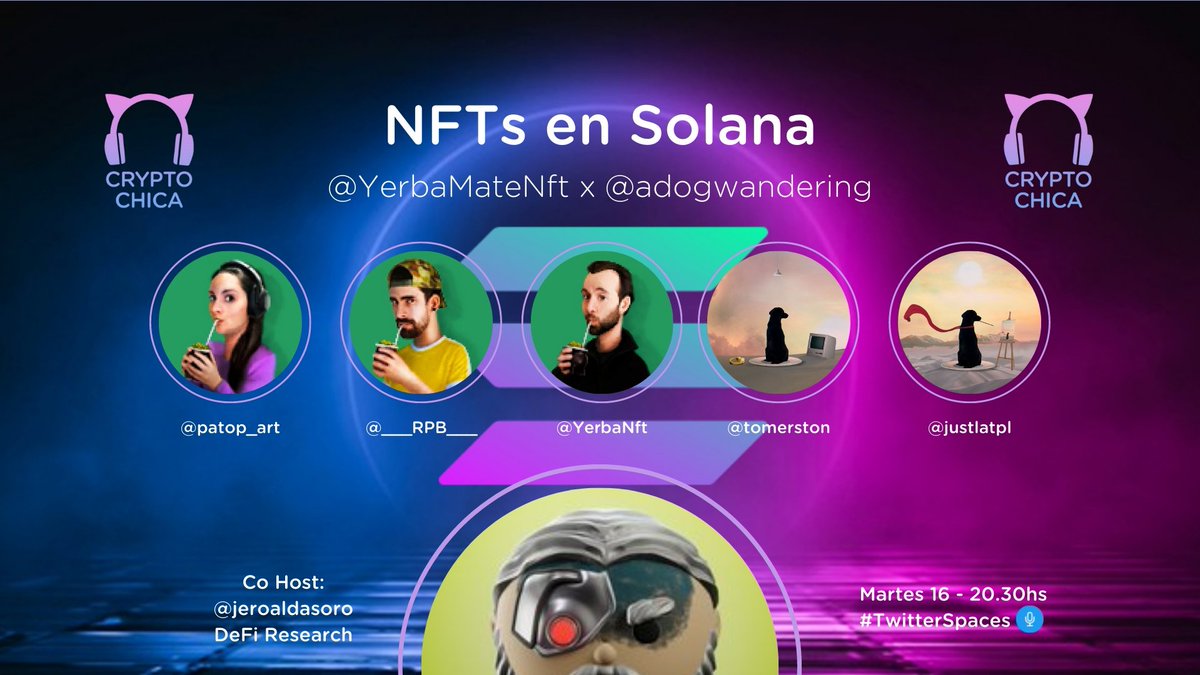 MAÑANA #TwitterSpaces con los equipos de <a href="/YerbaMateNft/">Yerba Mate NFT Club 🧉</a> y @adogwandering

Co host: <a href="/jeroaldasoro/">Jero</a> ✨

Hablaremos de #NFTs en #Solana, estado actual, que se viene, cómo es lanzar un proyecto, desafíos y mucho más 🚀

➡️ Recordatorio para sumarte al Espacio: x.com/i/spaces/1lPKq…