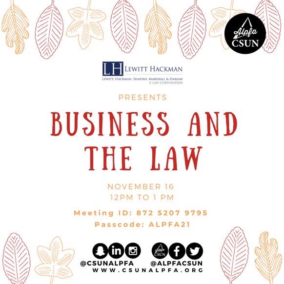 Hey Alpfamilia!

Don’t miss out on our meeting with Lewitt Hackman tomorrow November 16, 12-1 pm. See you all there!

#ALPFA #alpfamilia #CSUN #csunalpfa