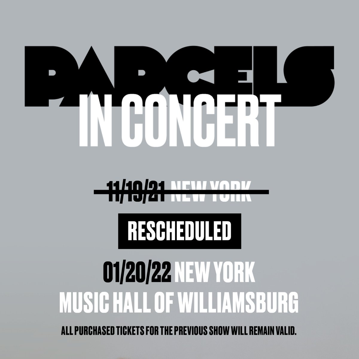 We come baring some unfortunate news today. Our upcoming New York show at the Music Hall of Williamsburg is having to be postponed to 01/20/22 due to covid reasons. All purchased tickets for the previous show will remain valid.
Stay safe, with love 
Parcels x