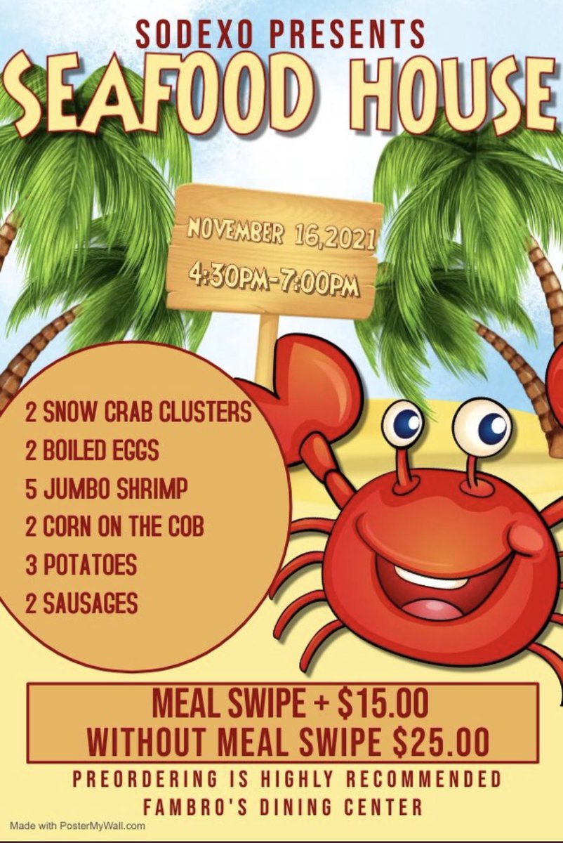 fvsu_dining's tweet photo. Come out to Fambro’s Dining Center next Tuesday November 16, 2021 at 4:30pm for our seafood event 🦀
•
•
•
#FVSU #FORTVALLEYSTATEUNIVERSITY #FVSU22 #FVSU23 #FVSU24 #fvsu25 https://t.co/I0pOhL7nHt