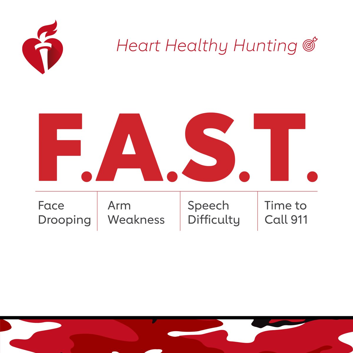 AHA_WV's tweet photo. F.A.S.T is the easiest way to remember the signs of a stroke. As you head out to hunt this year make sure you are aware of the symptoms and know that you should call 911 immediately if you show any signs. Don’t wait – an early call can save your life! #HeartHealthyHunting #AHAWV https://t.co/wzWcRabOnk
