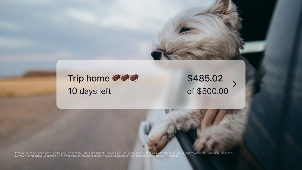 Stash's tweet photo. 20% of Americans will spend more than $500 on Thanksgiving travel. That’s a lot to budget for—so we’re here to help. Our Goals1 tool allows you to put money toward any financial goal—like holiday travel. You’re welcome.

Source: Yahoo 2021 https://t.co/SbbbS4ZL7g