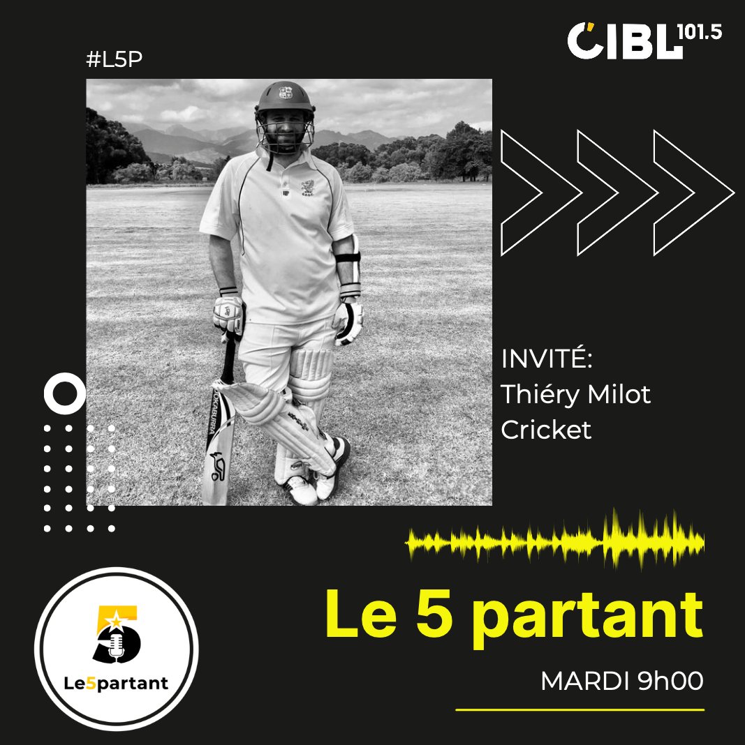 Demain au 5 partant, on explore un sport extrêmement populaire dans le monde, mais très méconnu au Québec: le cricket 🏏!
Notre invité sera Thiéry Milot, le premier Québécois à avoir réussi un «half century» 😮! (Pour savoir ce qu'est un half century, rejoignez-nous @CIBLmedia.)