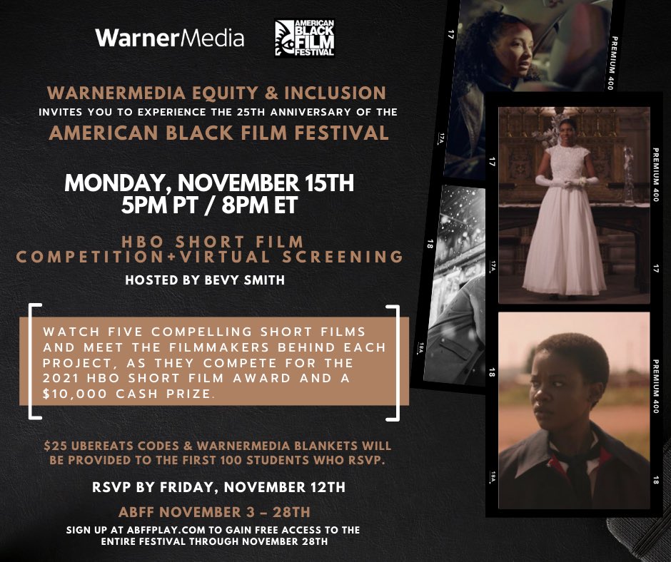 Free Uber eats🌮
Free blankets🥰
Free Films 🎬

Join <a href="/WarnerMedia/">WarnerMedia</a> Equity &amp; Inclusion as we experience the 25th Anniversary of the  American Black Film Festival!  

This is a virtual event👩🏾‍💻👨🏿‍💻
Grab a friend, snuggle up,  and enjoy the show! 

RSVP forms.gle/PZbv18NDCsHKz4…

#MyDU