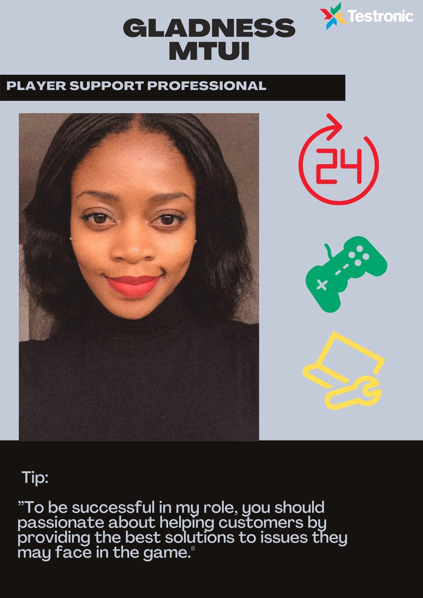 Let us introduce Gladness Mtui, another brilliant member of the Player Support Team! Gladness has a great personality and excellent technician skills, a great sense of humor and wishes to visit space someday!
Read full interview at our FB: bit.ly/3tEDazE
#testronic #team