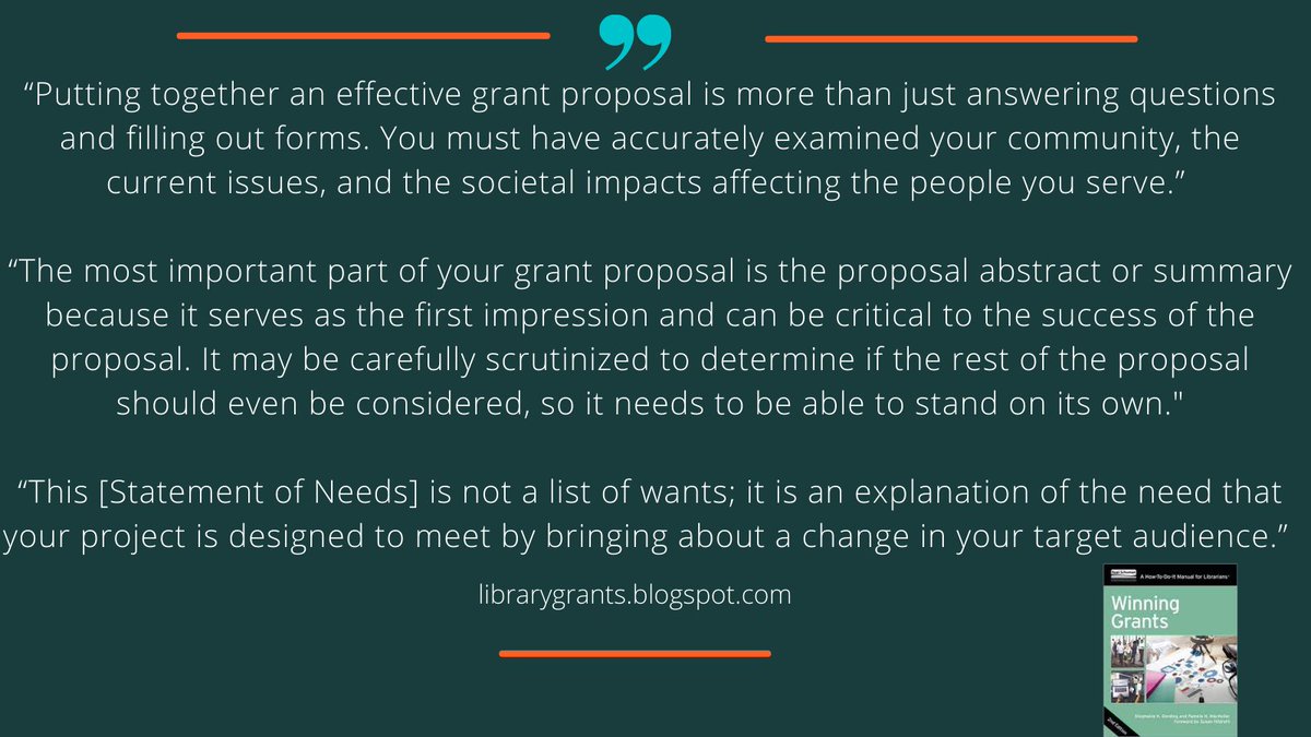 librarygrants's tweet photo. One of my awesome @SJSUiSchool library grant course students shared these three favorite quotes from my @alaeditions book, Winning Grants!
#LibraryGrants https://t.co/tJeNXqPQ1d