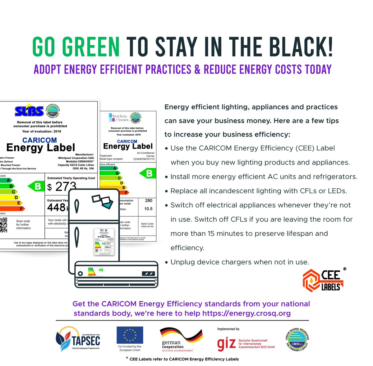 crosqcaricom's tweet photo. Reducing your energy costs as a business benefits you!
@SLBStandards @GOTTBS
#CEELabels #qualityinenergy #energyefficiency #energy #CARICOM #CARICOMEnergy #business #hospital #schools #factories #TAPSEC #QSEC https://t.co/TVLBbgLXHh