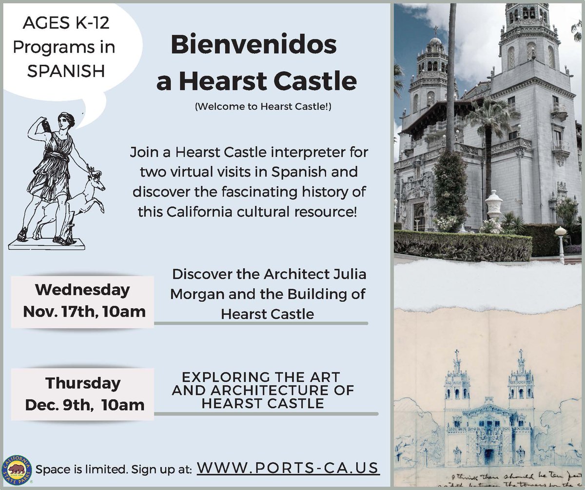 Pre-registration is required: 
ports-ca.zoom.us/webinar/regist…

Join us for a virtual visit in Spanish at Hearst Castle! This all-ages program will explore the fascinating story of the collaboration between William Randolph Hearst and Julia Morgan, California's first licensed architect.