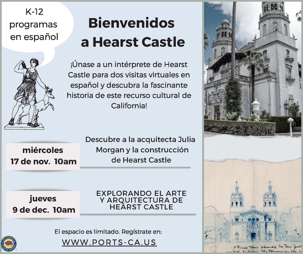 Register at: 
ports-ca.zoom.us/webinar/regist…

¡Únase a nosotros para una visita virtual en español de Hearst Castle! Incorporando las disciplinas de S.T.E.A.M, explore el desarollo de Hearst Castle desde el concepto hasta la construcción durante unperíodo de 28 años y nunca se completó.