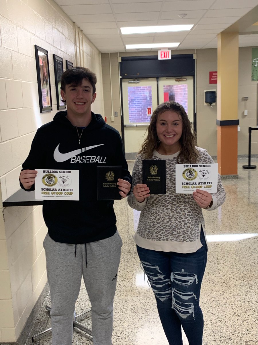 bulldogsofphs's tweet photo. This week's Bulldog Senior Scholar Athletes are Conner Simpson and Kaytie Cobb! Congrats guys!  Thanks to #mamarae's ice cream for the free scoop!  @PHSDiamondDogs @AndersonSD4 @PendletonHigh https://t.co/hgqhzRAFNL