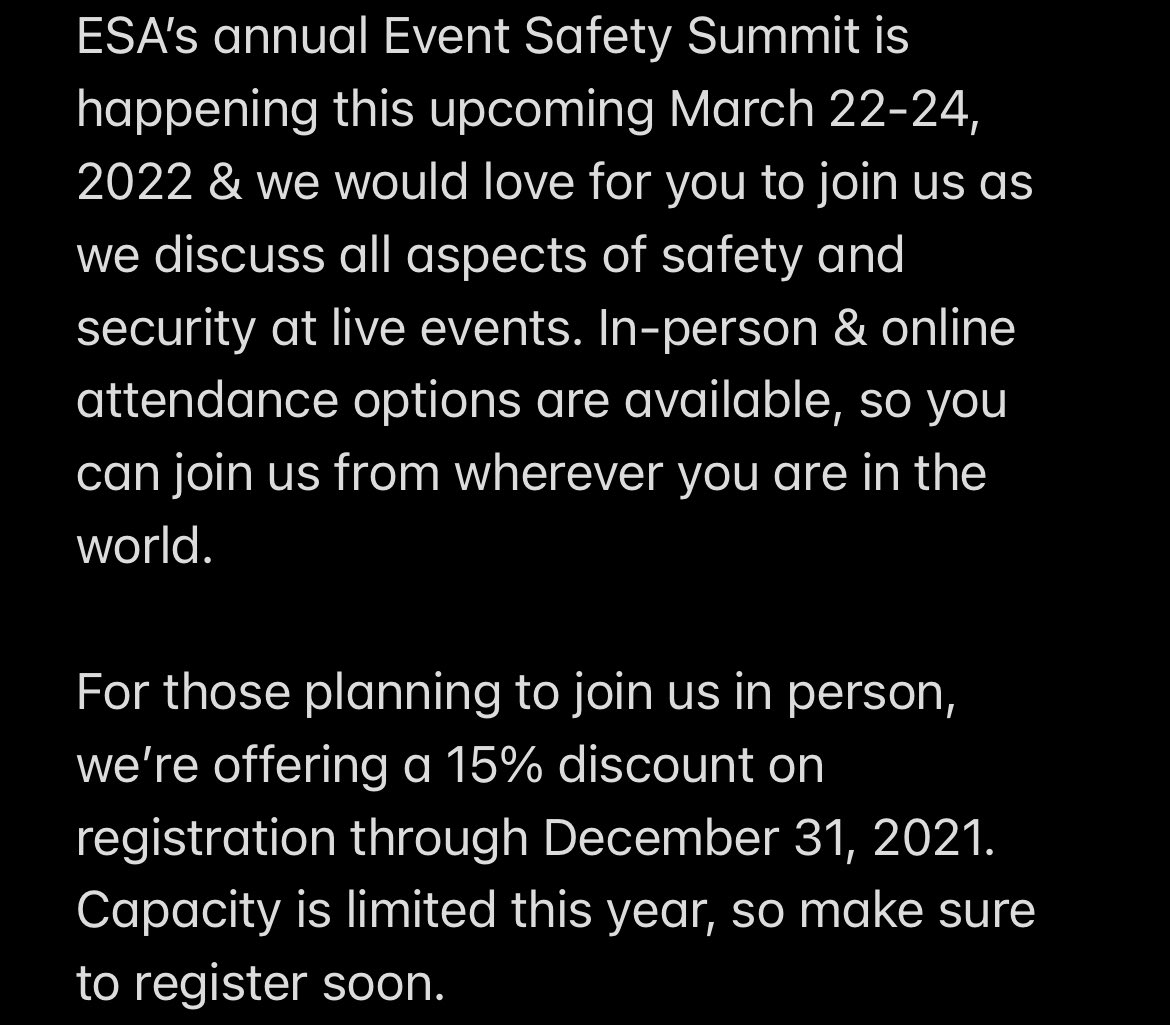 EventSafety4All's tweet photo. A warm welcome to ESA’s new followers. We appreciate the support &amp; are excited that you’ve joined our mission to make safety the heart of the live event industry. To let you know, ESA’s annual Event Safety Summit is happening this upcoming March 22-24, 2022. Read more below. https://t.co/z8PMz3vB40