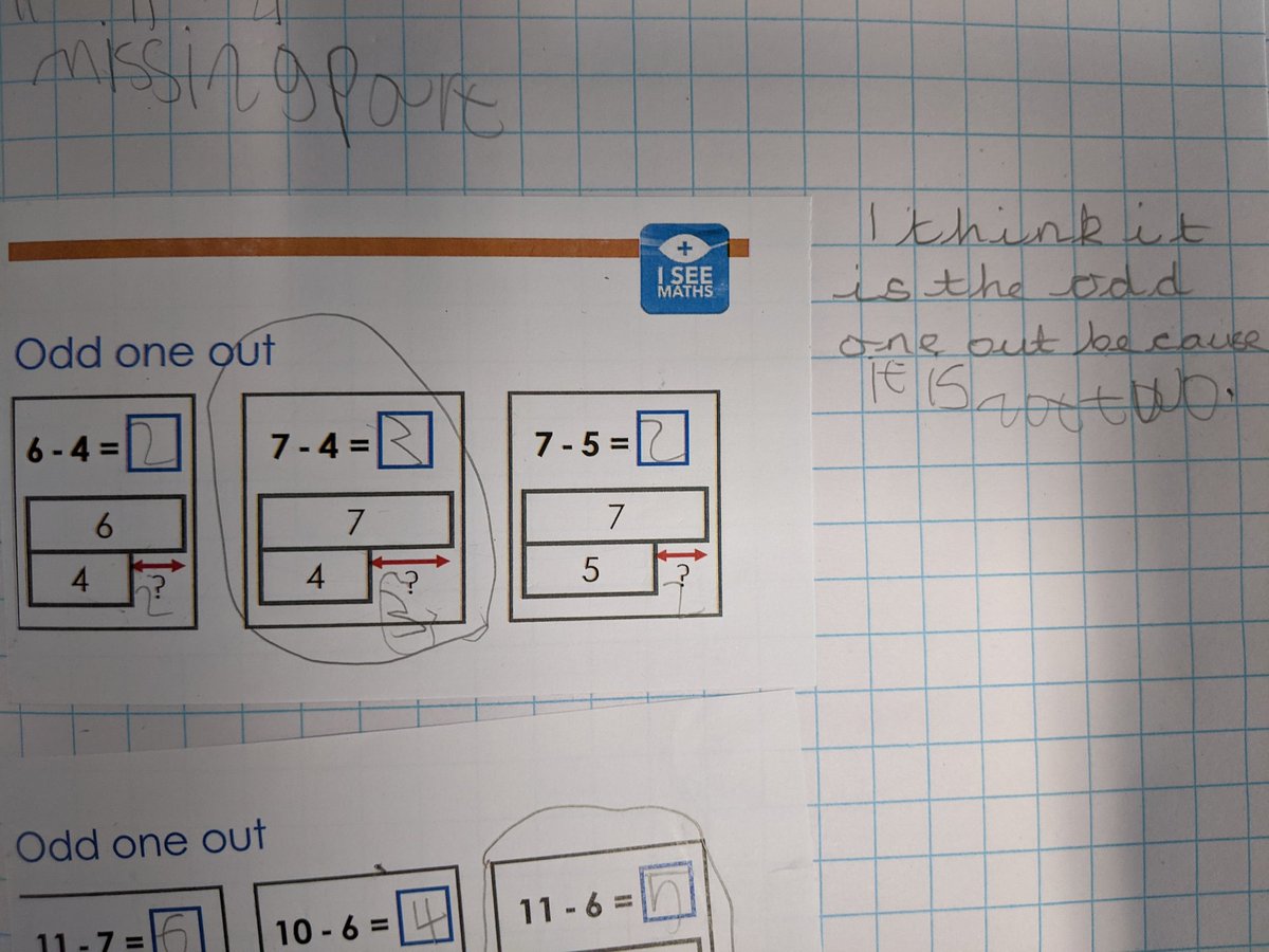 14Mulvany's tweet photo. Odd One Out 🔢
Today we enjoyed having a go at spotting the odd one out. This led to some fascinating conversations about the different things that were 'odd'. The whole, the part or the missing part? 
Love to see young children having a go at tasks like this. ✅
@gareth_metcalfe https://t.co/sMoJB3IHyn