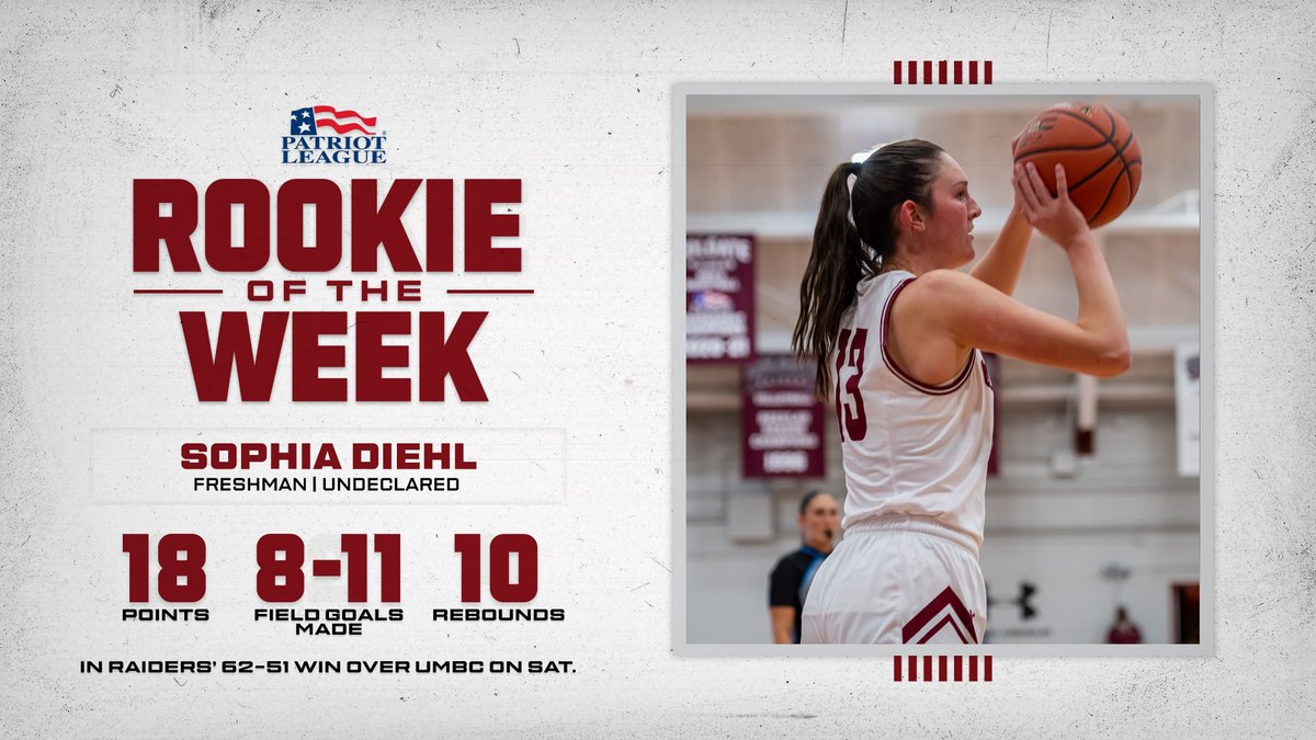 Our very own Sophia Diehl has been named Patriot League Rookie of the Week for her 18-point performance in our win against UMBC on Saturday!

READ ➡️ bit.ly/324pE0l