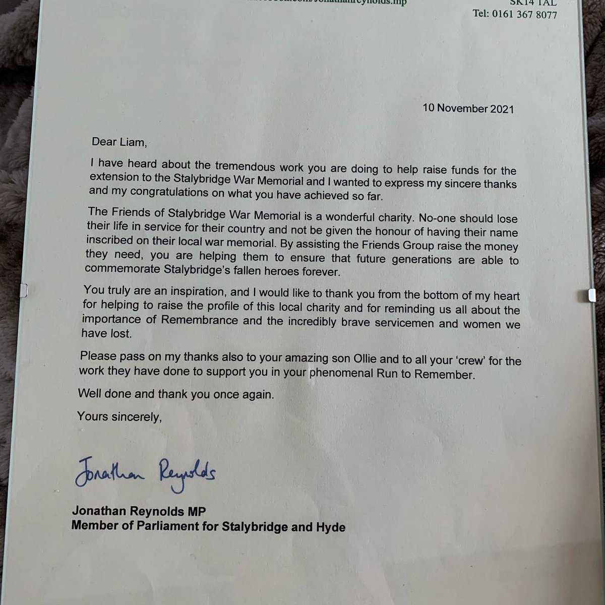 liam4687's tweet photo. @jreynoldsMP thank you for taking your time to write me a letter on our Run to Remember efforts to raise awareness and funds for the Friends of Stalybridge war memorial 🙏🌺

#LestWeForget https://t.co/jcx4DHaI6k