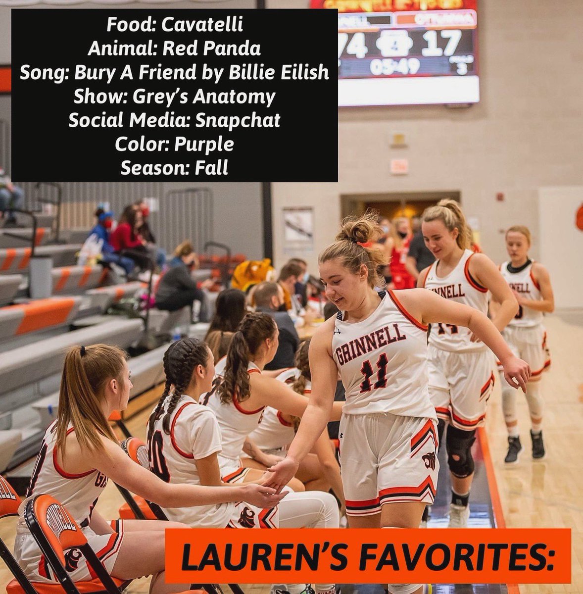 GrinnellGBB's tweet photo. Get to know #11, senior Lauren Pease! Here are some of her favorites💓 https://t.co/qV69IKLh9X