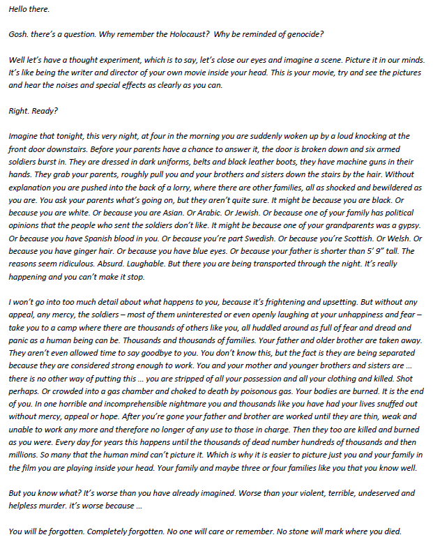 genocide8020's tweet photo. A little while back we were so lucky that @stephenfry wrote this as an introduction for one of our projects. It is so powerful. Please do have a read. #NeverAgain #GenPrevWeek https://t.co/DQVUlukRAu