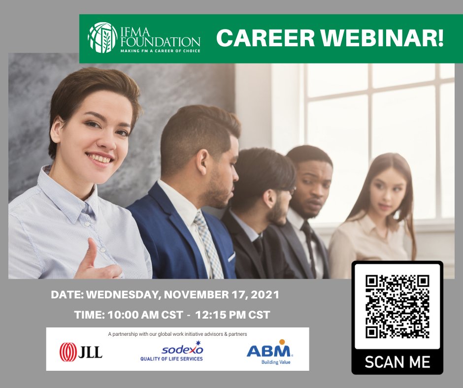Learn more about career opportunities in FM! Join us on Wednesday for our upcoming Career Webinar with IFMA Foundation GWI Advisors JLL, ABM and Sodexo on November 17 at 10:00am CT. Register here lnkd.in/gwevjEUj