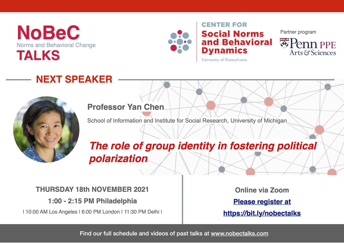 eugen_dimant's tweet photo. 🔥 excited to feature the fantastic @yanchen at this week’s @penn_csnbd https://t.co/s11uhUa8Fq: “Role of group identity in political polarization”
(👀 @BrendanNyhan @ylelkes)
Plus an ECR talk by @dylanpieper on nudging Dems & Reps mask-wearing (w/ @MicheleJGelfand) #EconTwitter https://t.co/Tk8m2shOU1