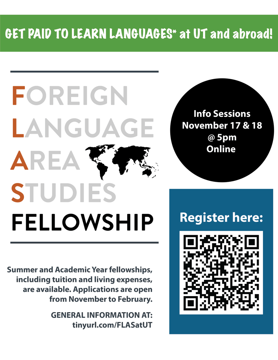 UTEuroStudies's tweet photo. Longhorns, don't miss our FLAS fellowship Info Sessions 11/17 and 11/18 at 5pm central via Zoom. Learn how you can get PAID to study languages at UT Austin and abroad. Registration required! More info at https://t.co/35h14WzmyN #IEW2021 https://t.co/J8P4foOieU