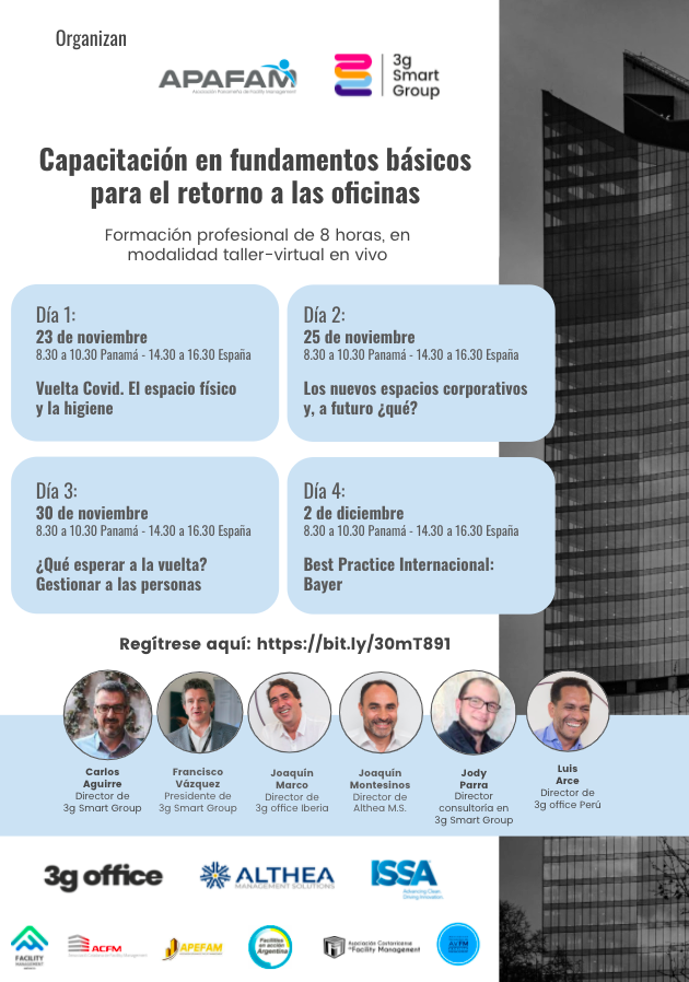 #3gSmartGroup y <a href="/apafampty/">APAFAM</a>, les invitan a la "Capacitación en fundamentos básicos para el retorno a las oficinas". Formación profesional de 8 horas en modalidad taller-virtual en vivo.

Regístrese aquí: lnkd.in/dP9NmgVU

#Workplace #NewWaysOfWorking #FM #FacilityManagement