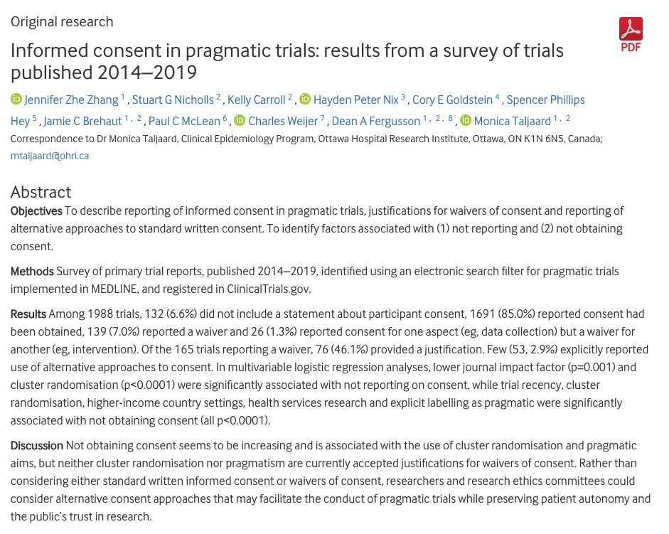 Cory E. Goldstein (@coryegoldstein) on Twitter photo NEW PUBLICATION IN <a href="/JME_BMJ/">J. of Medical Ethics</a>: Informed consent in pragmatic trials: results from a survey of trials published between 2014-2019.
Abstract below, link to paper in @StuartGNicholl1 tweet. NEW PUBLICATION IN <a href="/JME_BMJ/">J. of Medical Ethics</a>: Informed consent in pragmatic trials: results from a survey of trials published between 2014-2019.
Abstract below, link to paper in @StuartGNicholl1 tweet.
