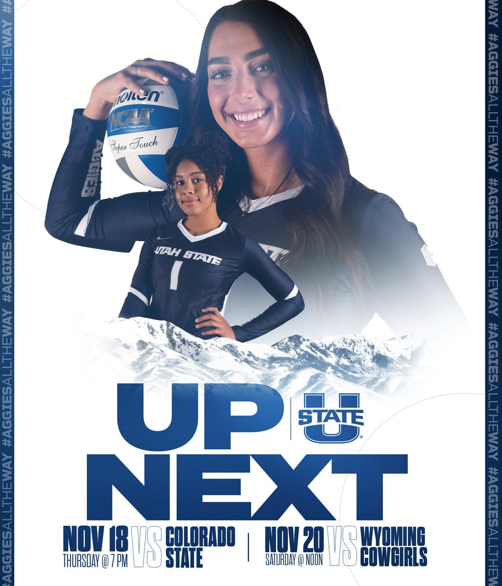 USUVolleyball's tweet photo. It's a BATTLE for FIRST PLACE in the @MountainWest on Thursday Night‼️ We need YOU in The Estes. 

Thursday ➡️ vs Colorado State | 7:00 PM
Saturday ➡️ vs Wyoming | 12:00 PM

🎟➡️ https://t.co/27q5lYIkUv

#AggiesOnTheRise https://t.co/qZ2ESzDF4v