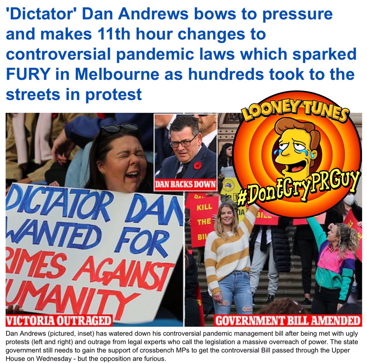 75otingocni's tweet photo. #DontCryPRGuy ,
as it turns out, the bill wasn’t that fantastic after all……but carry on slandering ordinary well meaning Australians, fed up with Victoria’s Tinpot Dictator #CCPDan - calling them QAnon cult will work just as well as Hillary Clinton’s ‘Irredeemable Deplorables’. https://t.co/rwkR1V9JYb