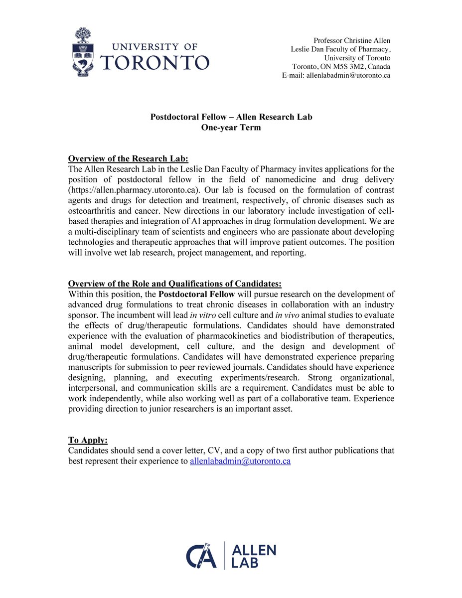 Allen Lab (@allenresearch) on Twitter photo We are looking for TWO new researchers to join <a href="/ChristineAllenW/">Dr. Christine Allen 🇨🇦</a>'s lab at the University of Toronto, please RT!
ONE Research Associate (Apply here: bit.ly/RAapplyhere).
ONE Postdoctoral fellow (see below to apply).
Send in your applications and join our diverse team!! We are looking for TWO new researchers to join <a href="/ChristineAllenW/">Dr. Christine Allen 🇨🇦</a>'s lab at the University of Toronto, please RT!
ONE Research Associate (Apply here: bit.ly/RAapplyhere).
ONE Postdoctoral fellow (see below to apply).
Send in your applications and join our diverse team!!
