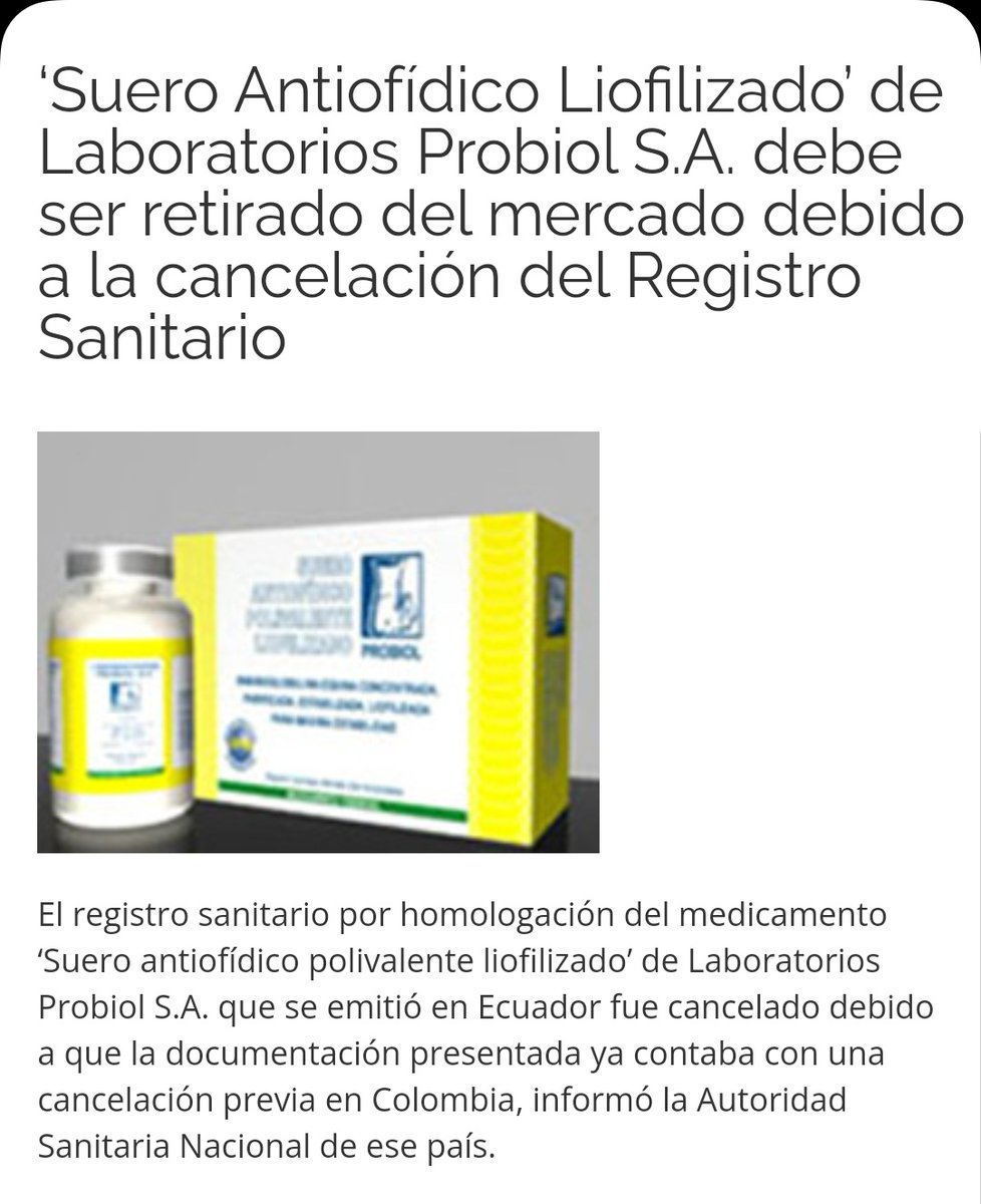 Y qué opciones tiene el país si no hay fabricación nacional, ya que el Instituto Leopoldo Izquieta Pérez lo dejó de producir hace algunos años. controlsanitario.gob.ec/suero-antiofid…