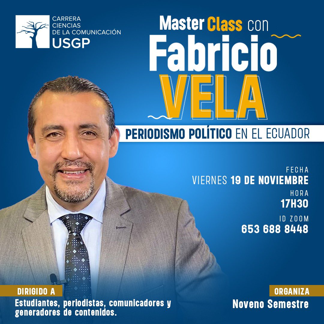 gileralava's tweet photo. El noveno semestre de @comusgp invita a estudiantes, periodistas, comunicadores y generadores de contenido a la Master Class con @fabriciovelav. ¡Regístrate ya!😉 https://t.co/5RnTbSua9g