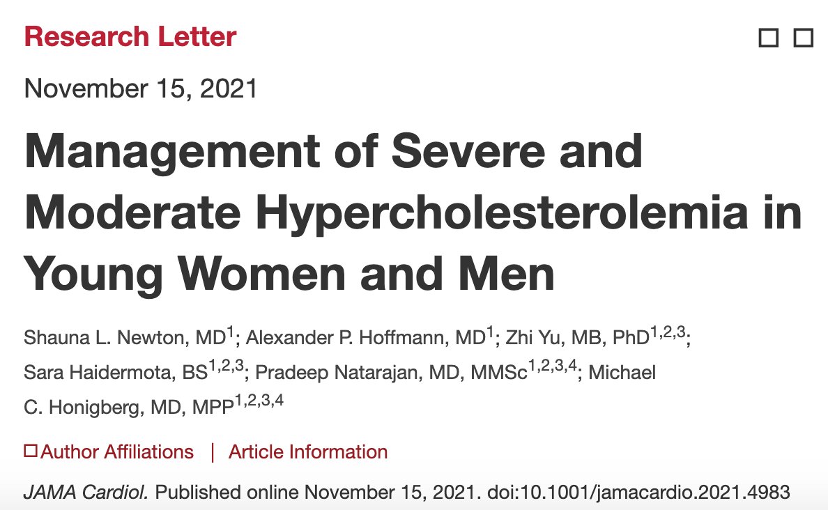 So proud of @mghmedres rockstars @SNewtonMD @pnw_md for leading this simultaneous pub w/ #AHA21 🫀 in @JAMACardio 

How are we doing at managing severe hypercholesterolemia (LDL-C ≥190) in young adults? (What if the LDL-C ⬆️ is slightly less severe?)
👇
jamanetwork.com/journals/jamac…