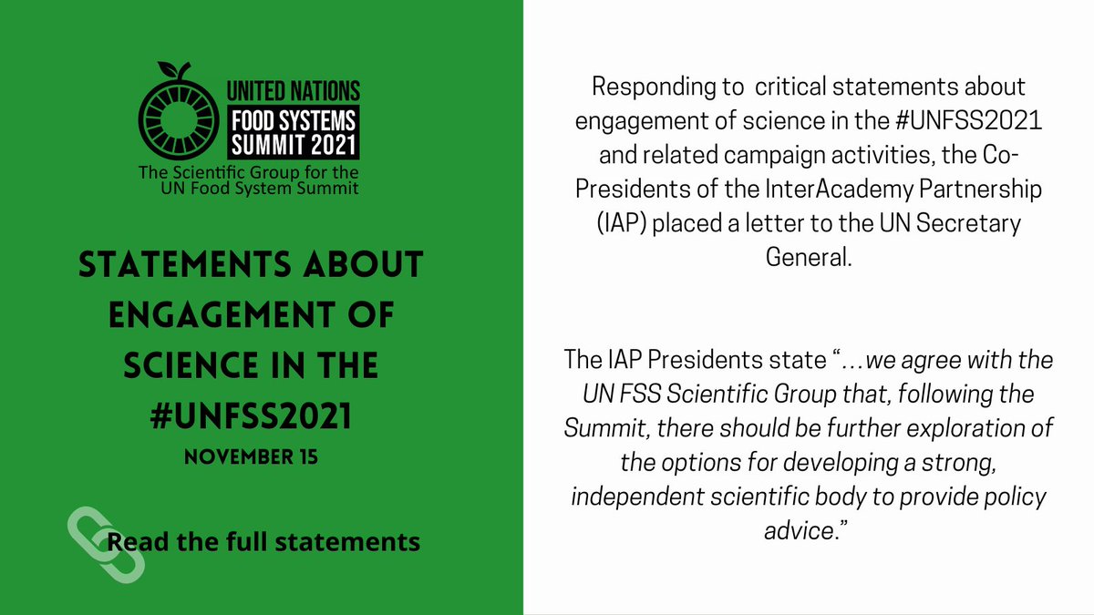 Scientific Group of UN Food Systems Summit 2021 (@sc_fss2021) on Twitter photo Responding to critical statements about engagement of science in the #UNFSS2021, the Co-Presidents of <a href="/IAPartnership/">InterAcademy Partnership (IAP) 🌍 #science #health</a> placed a letter to the UN Secretary General on November 12th.
Read the statements about engagement of science in the #UNFSS2021 here:
▶️bit.ly/3ccPzVd Responding to critical statements about engagement of science in the #UNFSS2021, the Co-Presidents of <a href="/IAPartnership/">InterAcademy Partnership (IAP) 🌍 #science #health</a> placed a letter to the UN Secretary General on November 12th.
Read the statements about engagement of science in the #UNFSS2021 here:
▶️bit.ly/3ccPzVd