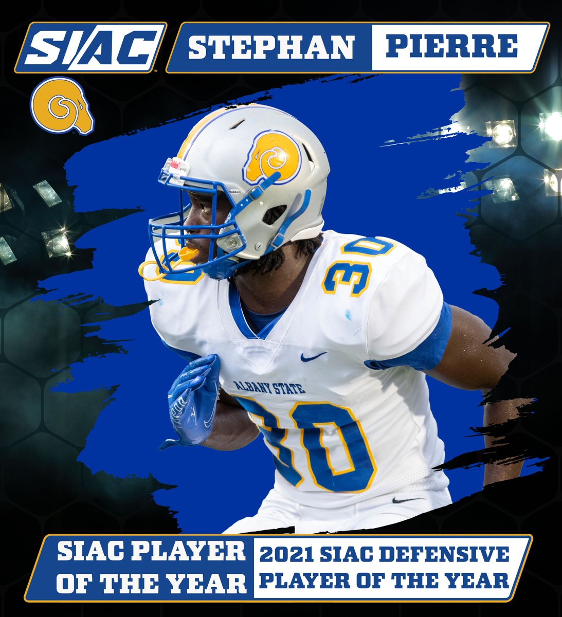 ASUGoldenRams's tweet photo. Congratulations #30STEPHANPIERRE. @TheSIAC  Defensive Player of the Year and SIAC Overall Player of the Year. @ASUGoldenRamsFB @AlbanyStateUniv #GOGOLD #BLEEDBLUE https://t.co/3aIeC35l3C