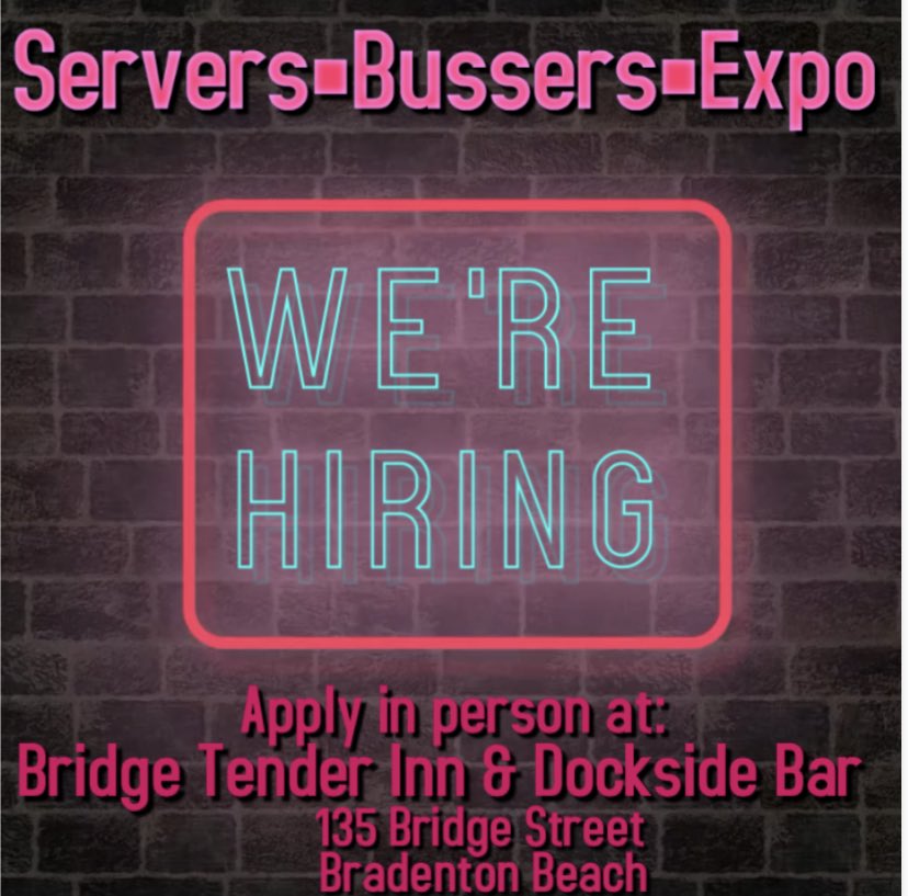 BridgeTenderInn's tweet photo. We’re still hiring! #bridgetenderinn #bradentonbeach #annamariaisland #hiringattheBridgeTenderInn #workinparadise https://t.co/NE7DYXtLhK