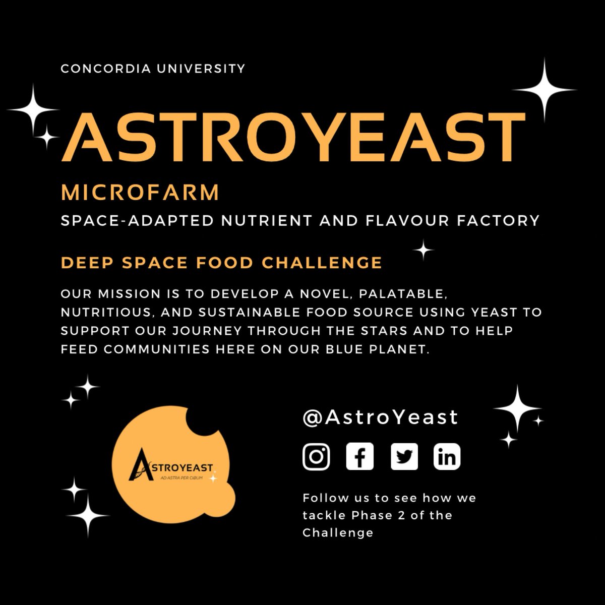 Thank you for supporting us through the project. As we take on a third year of working on AstroYeast, for phase 2 of the #DeepSpaceFoodChallenge we will be going beyond the annual iGEM competition. 
We hope you follow our journey to the stars
✨Ad astra per cibum
#Concordia #CSA