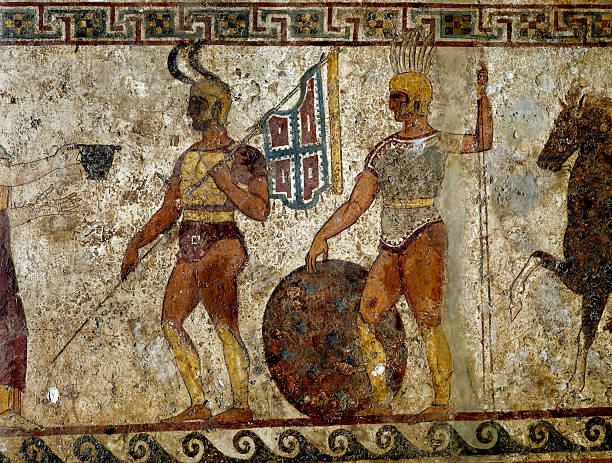bruce_jeh's tweet photo. #Samnite warriors tomb fresco, from Paestum, Italy, 4th century BCE. Every time I see this particular fresco I recall a comment made by one of my archaeology professors, "Ya gotta give it to the Samnites--they've been mooning the world for over 2400 years. #FrescoFriday https://t.co/a0rn6XlFbQ