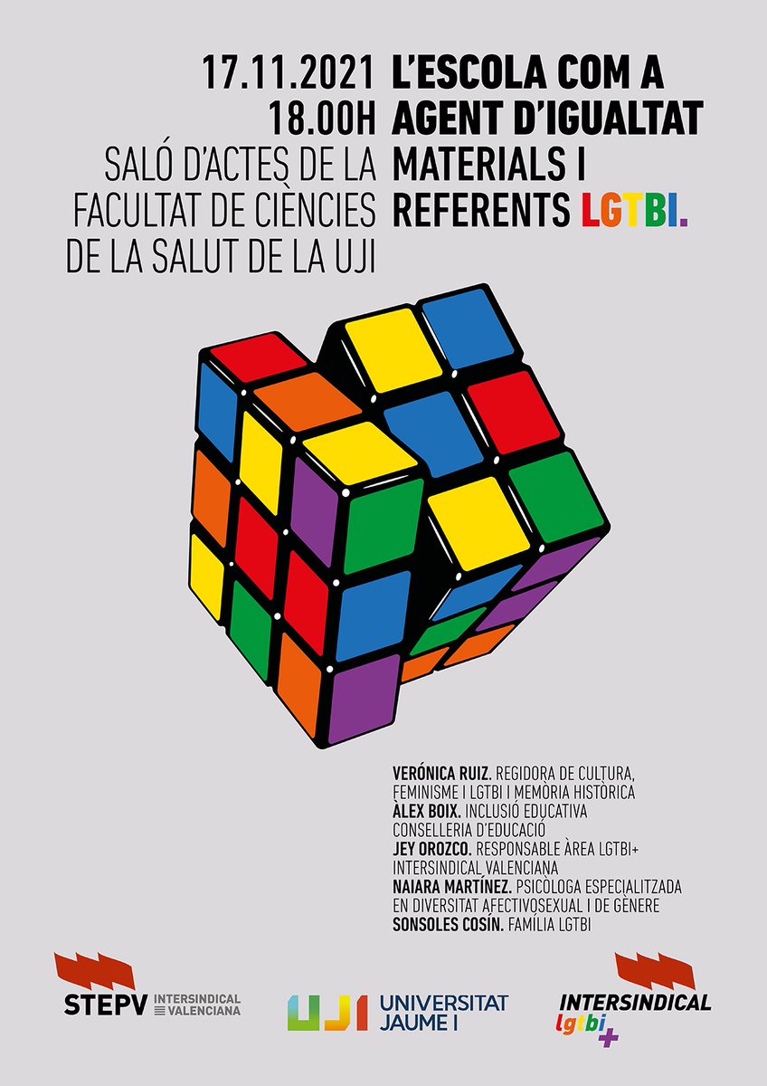 IntersindicalV's tweet image. 'L'escola com a agent d'igualtat. Materials i referents LGTBI'
#17N a les 18h a la @UJIuniversitat 

@lgtb_IV @CastelloLGTBI @STEPV_UJI @STEPV_Iv @Queer_Fest_ @ddhh_lambda @iv_stas @stmintersindic1 @DonesIV @ESFMB @PrivadaStepv @PerisAlors @veroruiziau @AjuntCastello