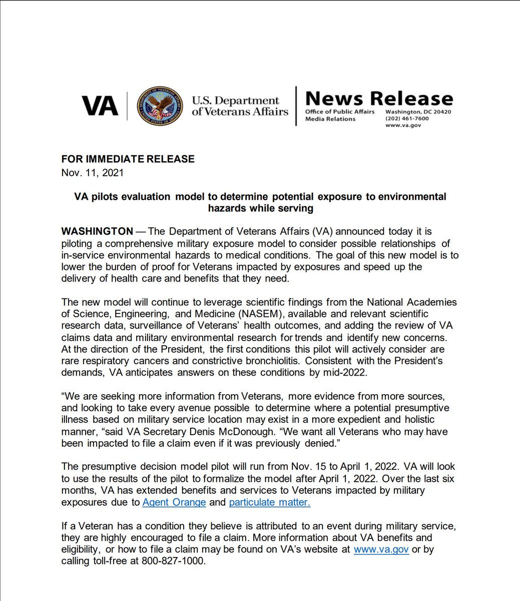 The VA announced it is piloting a comprehensive military exposure model to consider possible relationships of in-service environmental hazards to medical conditions. The goal of this will lower burden of proof for vets impacted by exposures and speed up health care and benefits.