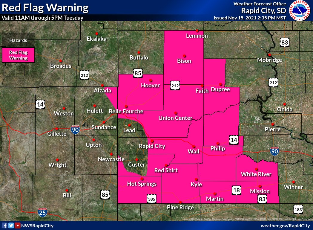 NWSRapidCity's tweet image. A cold front passing through Tuesday will bring elevated fire conditions and strong winds into the region, with gusts above 60 mph possible for areas in northwestern SD.  Little to no precipitation is expected with this front.