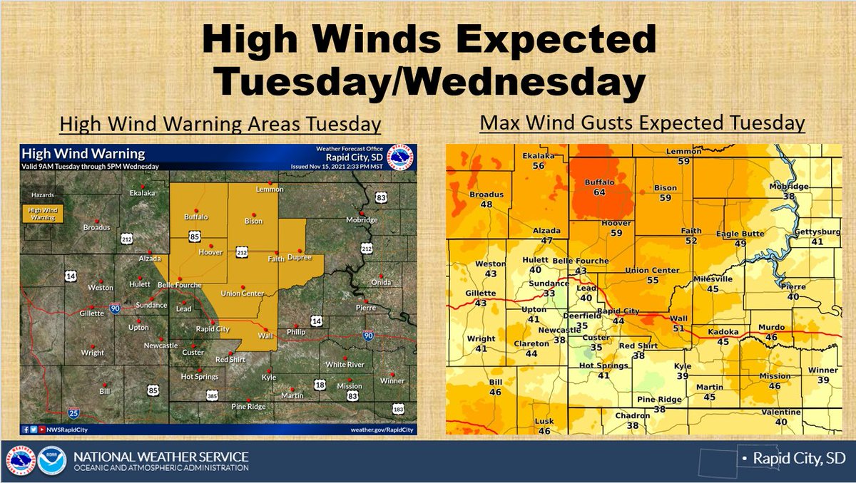 NWSRapidCity's tweet image. A cold front passing through Tuesday will bring elevated fire conditions and strong winds into the region, with gusts above 60 mph possible for areas in northwestern SD.  Little to no precipitation is expected with this front.