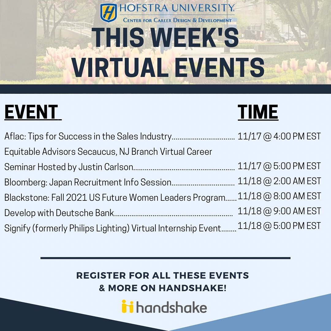 Interested in any of this week’s virtual events? Head over to Handshake to register and learn more!