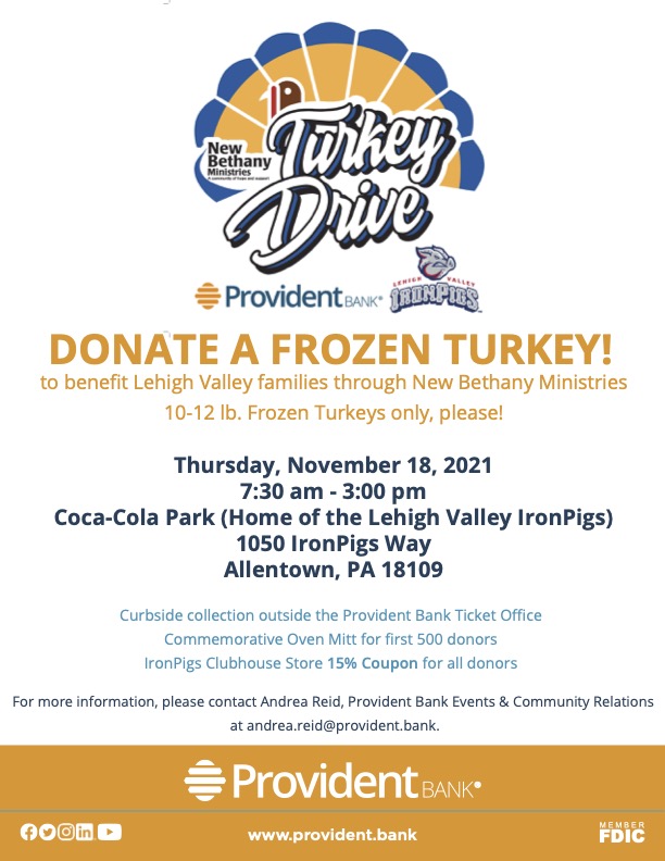 NewBethanyLV's tweet photo. Our annual Turkey Drive with support from @IronPigs' and @ProvidentBank is fast approaching! Help #NewBethany provide #Thanksgiving meals to families in need! 🦃 

For more information on this year’s drive, visit https://t.co/eK8zuLek9T ⬅️ #NBMThanks https://t.co/Cb7OZLGN7q