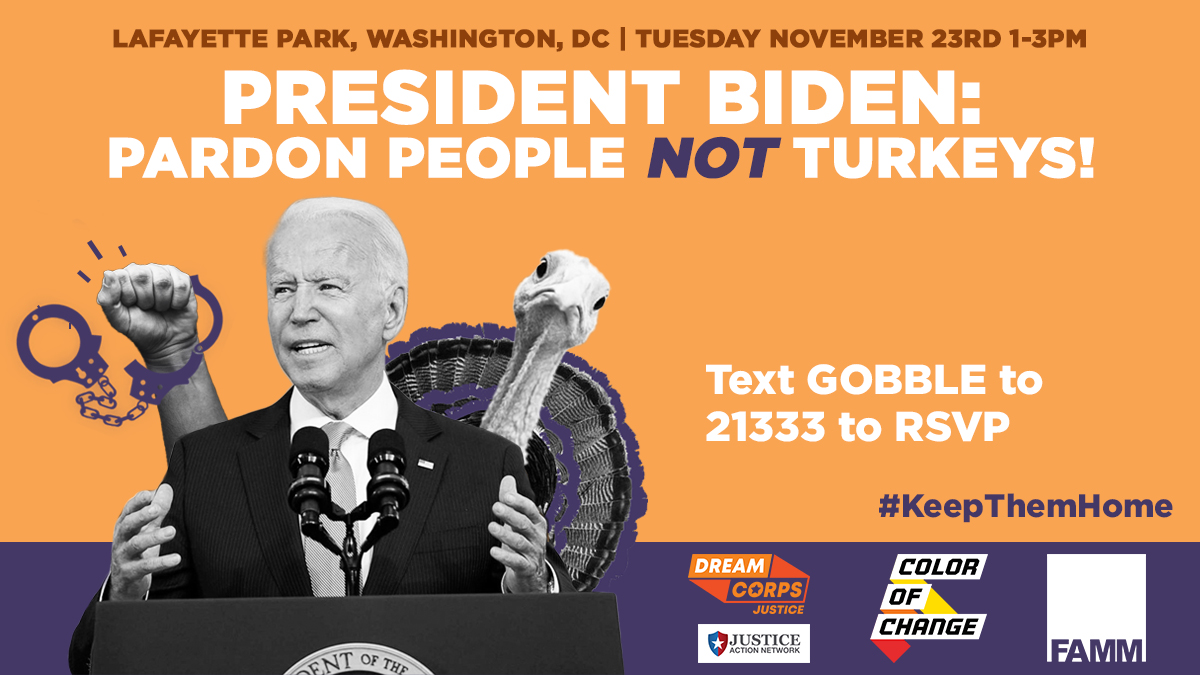 KevinARing's tweet photo. Given that thousands of ppl on home confinement have been waiting 10 months to find out if @POTUS is going to #KeepThemHome, it's nuts that the first clemency grants will go to a couple of turkeys. Join us, #GwenLevi, impacted people, and a bunch of turkeys to protest. RSVP now. https://t.co/zS0IGhVCM5