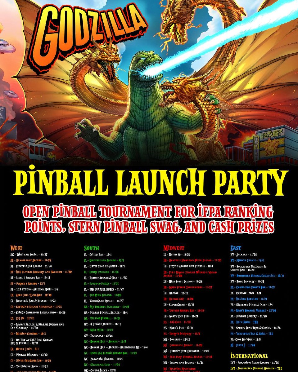 sternpinball's tweet image. Go-go Godzilla!  The Official Stern Army Godzilla Launch Parties are making landfall starting this Friday all over the world!  Check out the full list of locations and contact your local Stern Army location for specific dates and times, and #PlayStrong!  Does your location wan...